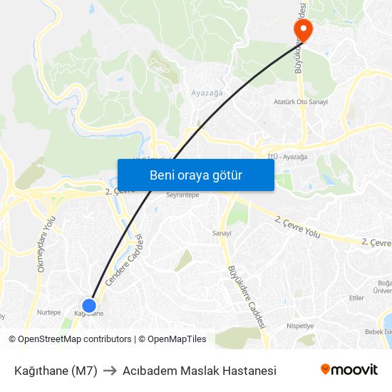 Kağıthane (M7) to Acıbadem Maslak Hastanesi map