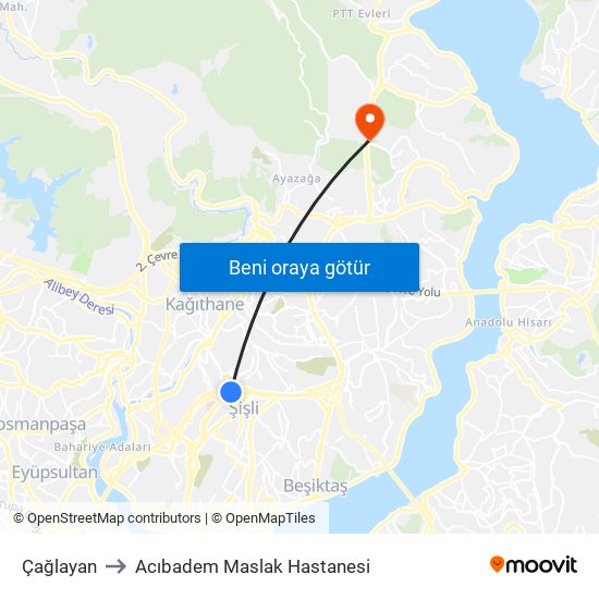 Çağlayan to Acıbadem Maslak Hastanesi map