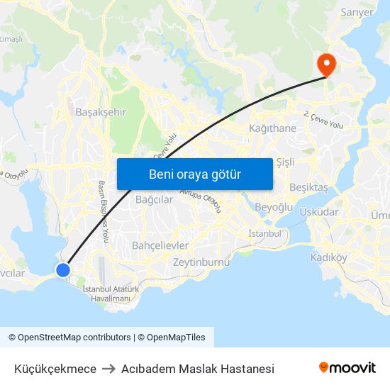 Küçükçekmece to Acıbadem Maslak Hastanesi map