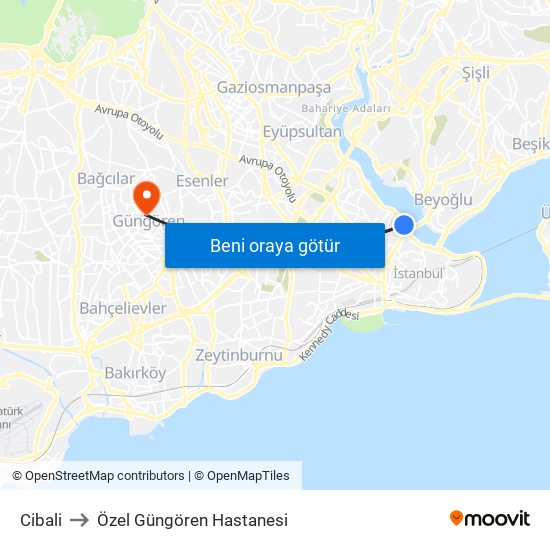 Cibali to Özel Güngören Hastanesi map