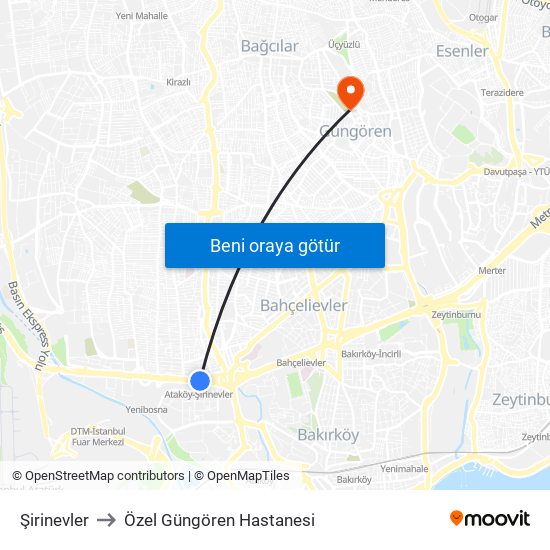Şirinevler to Özel Güngören Hastanesi map