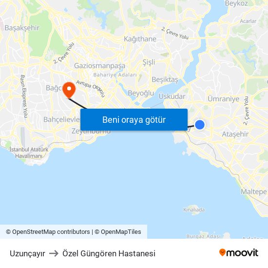 Uzunçayır to Özel Güngören Hastanesi map