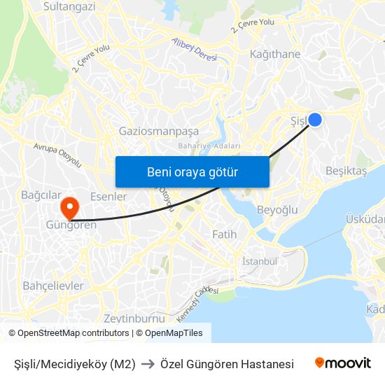 Şişli/Mecidiyeköy (M2) to Özel Güngören Hastanesi map