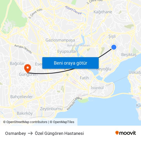 Osmanbey to Özel Güngören Hastanesi map