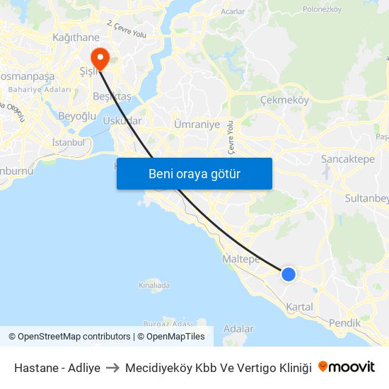 Hastane - Adliye to Mecidiyeköy Kbb Ve Vertigo Kliniği map