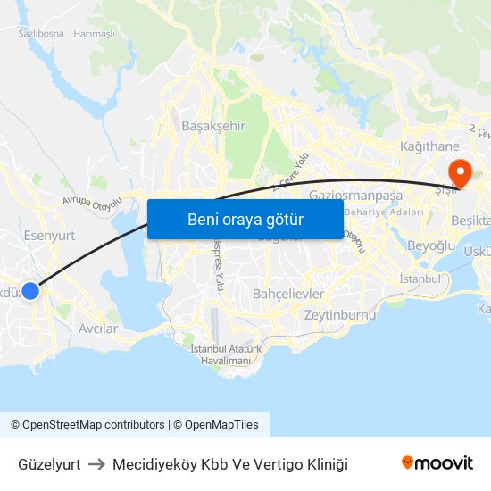 Güzelyurt to Mecidiyeköy Kbb Ve Vertigo Kliniği map