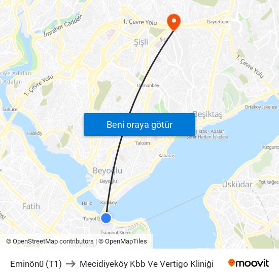 Eminönü (T1) to Mecidiyeköy Kbb Ve Vertigo Kliniği map