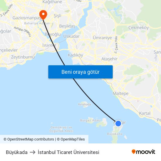 Büyükada to İstanbul Ticaret Üniversitesi map