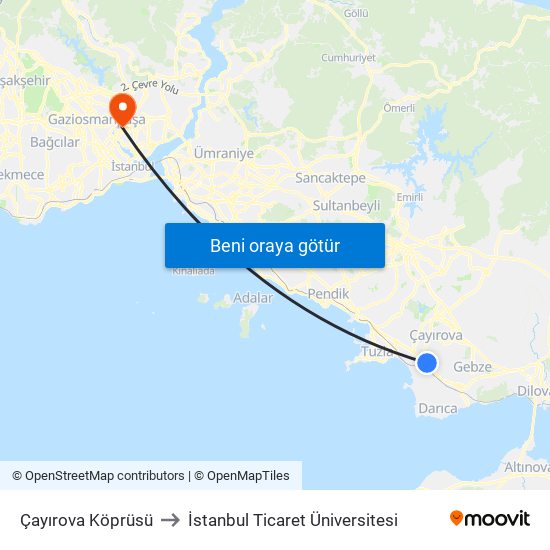 Çayırova Köprüsü to İstanbul Ticaret Üniversitesi map