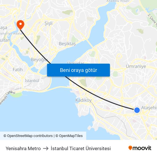 Yenisahra Metro to İstanbul Ticaret Üniversitesi map