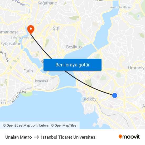 Ünalan Metro to İstanbul Ticaret Üniversitesi map