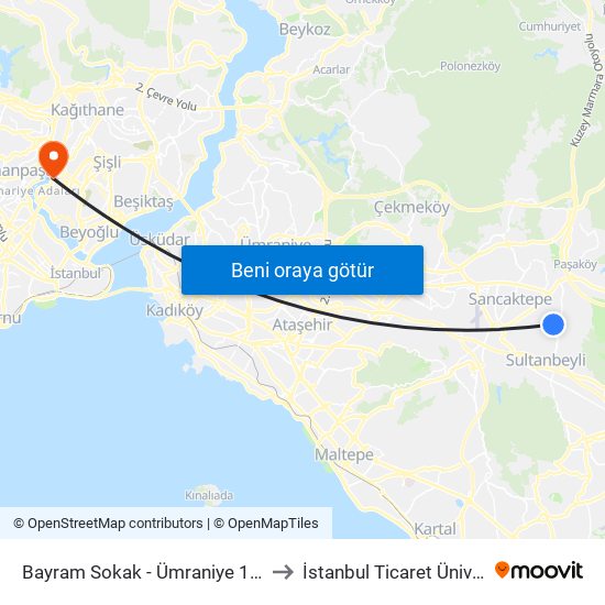 Bayram Sokak - Ümraniye 131a Yönü to İstanbul Ticaret Üniversitesi map