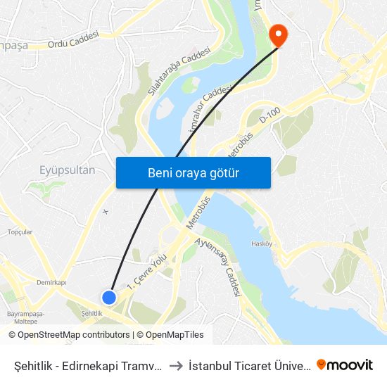 Şehitlik  - Edirnekapi Tramvay Yönü to İstanbul Ticaret Üniversitesi map