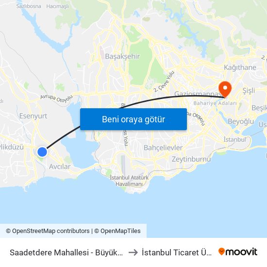 Saadetdere Mahallesi - Büyükçekmece Yönü to İstanbul Ticaret Üniversitesi map