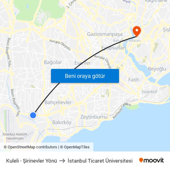 Kuleli - Şirinevler Yönü to İstanbul Ticaret Üniversitesi map