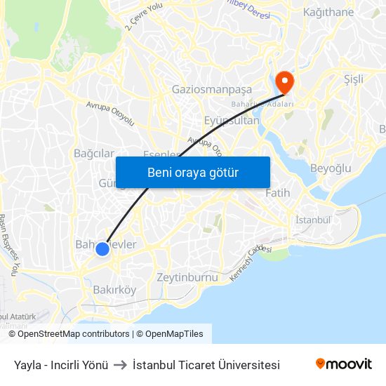 Yayla - Incirli Yönü to İstanbul Ticaret Üniversitesi map