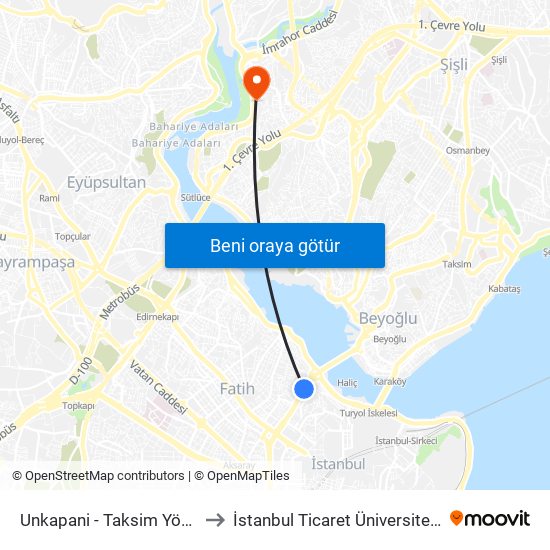 Unkapani - Taksim Yönü to İstanbul Ticaret Üniversitesi map