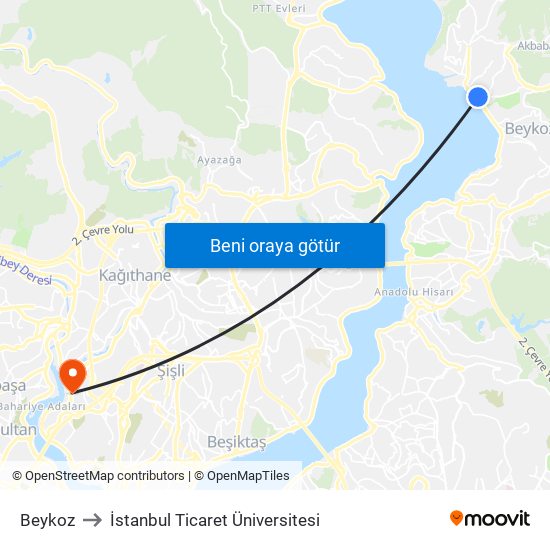 Beykoz to İstanbul Ticaret Üniversitesi map