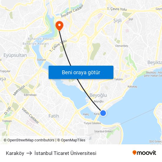 Karaköy to İstanbul Ticaret Üniversitesi map