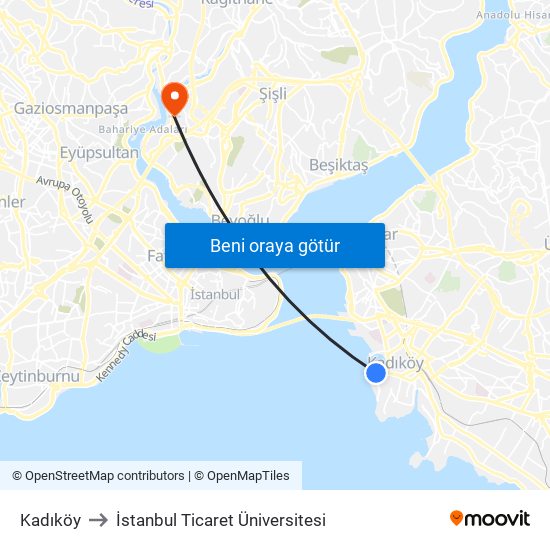 Kadıköy to İstanbul Ticaret Üniversitesi map