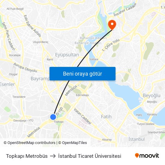 Topkapı Metrobüs to İstanbul Ticaret Üniversitesi map