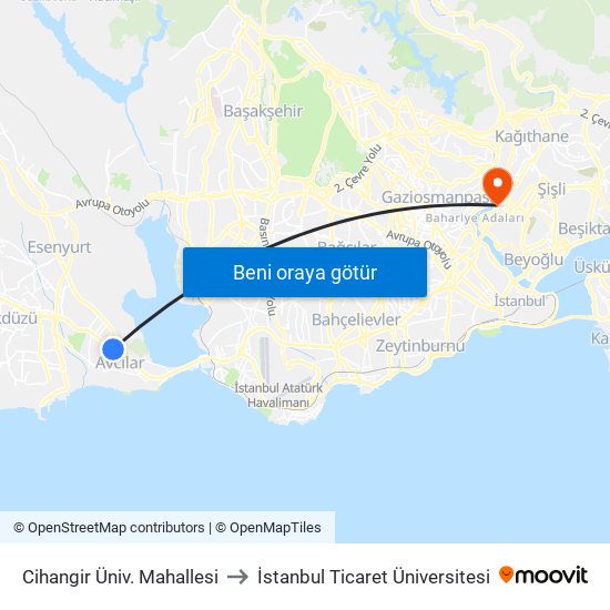 Cihangir Üniv. Mahallesi to İstanbul Ticaret Üniversitesi map