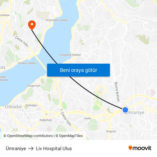 Ümraniye to Liv Hospital Ulus map