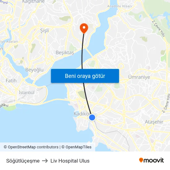Söğütlüçeşme to Liv Hospital Ulus map