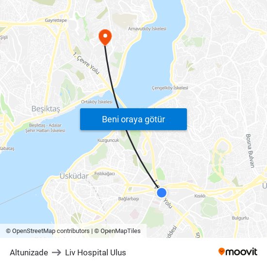 Altunizade to Liv Hospital Ulus map