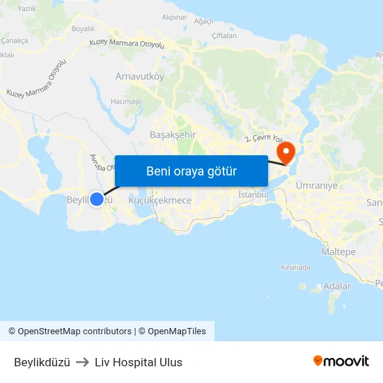Beylikdüzü to Liv Hospital Ulus map