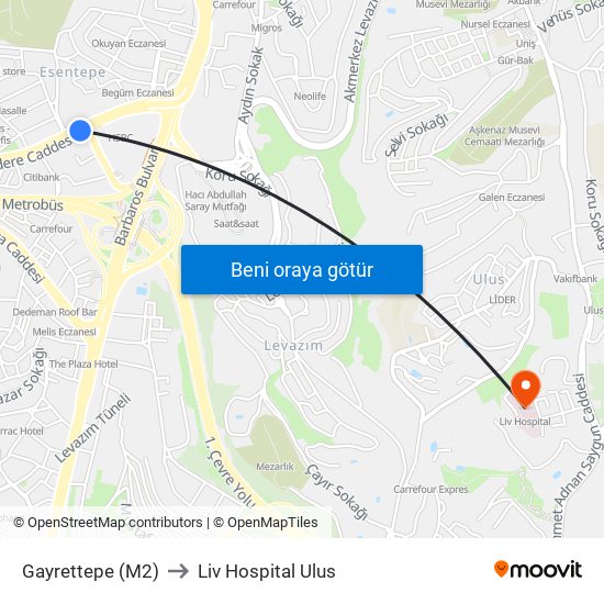 Gayrettepe (M2) to Liv Hospital Ulus map