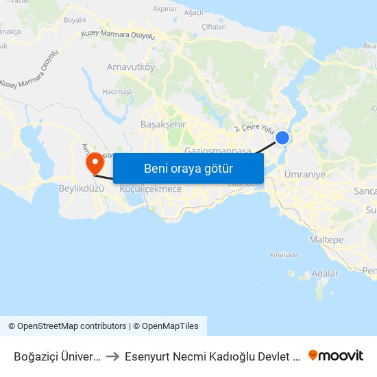 Boğaziçi Üniversitesi to Esenyurt Necmi Kadıoğlu Devlet Hastanesi map