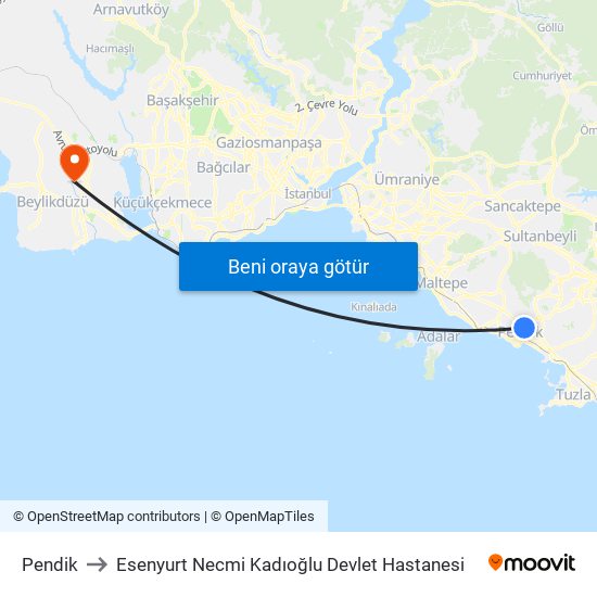 Pendik to Esenyurt Necmi Kadıoğlu Devlet Hastanesi map