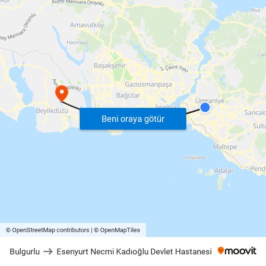 Bulgurlu to Esenyurt Necmi Kadıoğlu Devlet Hastanesi map