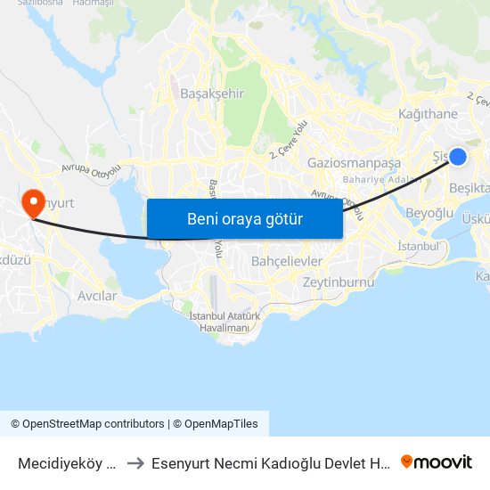 Mecidiyeköy (M7) to Esenyurt Necmi Kadıoğlu Devlet Hastanesi map