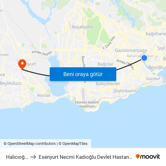Halıcıoğlu to Esenyurt Necmi Kadıoğlu Devlet Hastanesi map