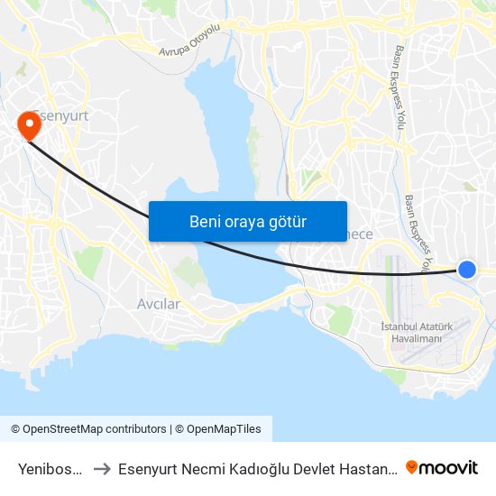 Yenibosna to Esenyurt Necmi Kadıoğlu Devlet Hastanesi map