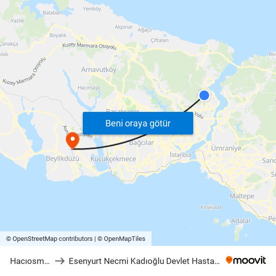 Hacıosman to Esenyurt Necmi Kadıoğlu Devlet Hastanesi map