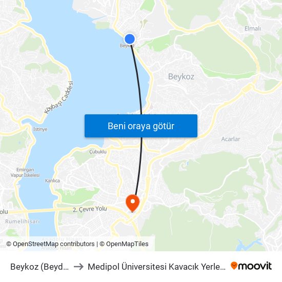 Beykoz (Beyden) to Medipol Üniversitesi Kavacık Yerleşkesi map