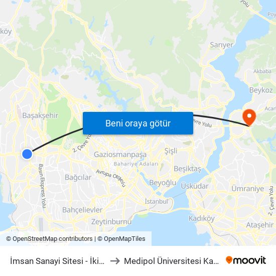 İmsan Sanayi Sitesi - İkitelli Garaji Yönü to Medipol Üniversitesi Kavacık Yerleşkesi map