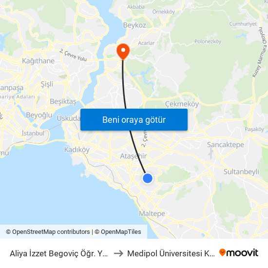 Aliya İzzet Begoviç Öğr. Yurdu - Maltepe Yönü to Medipol Üniversitesi Kavacık Yerleşkesi map