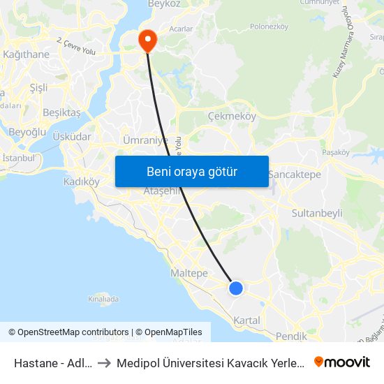 Hastane - Adliye to Medipol Üniversitesi Kavacık Yerleşkesi map