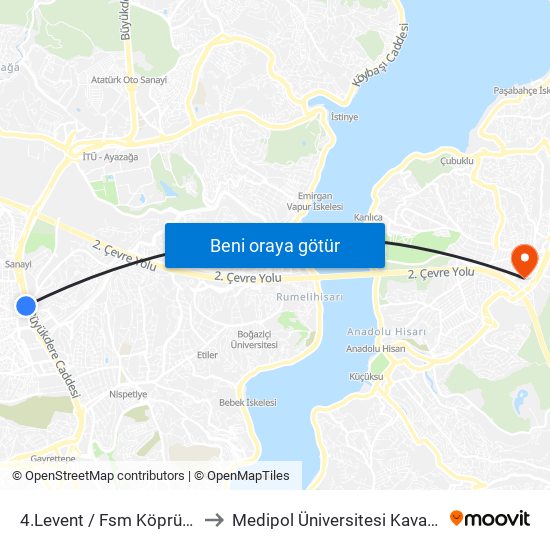 4.Levent / Fsm Köprü(500t) Yönü to Medipol Üniversitesi Kavacık Yerleşkesi map