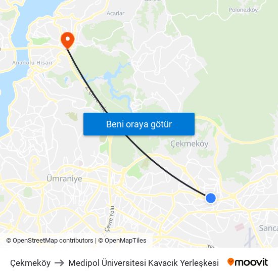 Çekmeköy to Medipol Üniversitesi Kavacık Yerleşkesi map