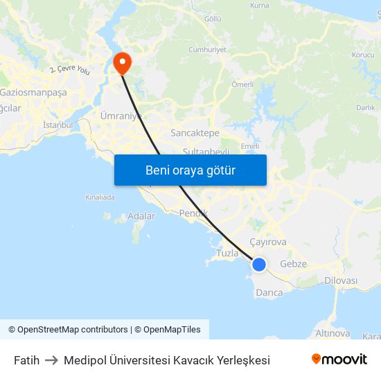 Fatih to Medipol Üniversitesi Kavacık Yerleşkesi map