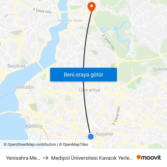 Yenisahra Metro to Medipol Üniversitesi Kavacık Yerleşkesi map