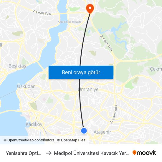 Yenisahra Optimum to Medipol Üniversitesi Kavacık Yerleşkesi map