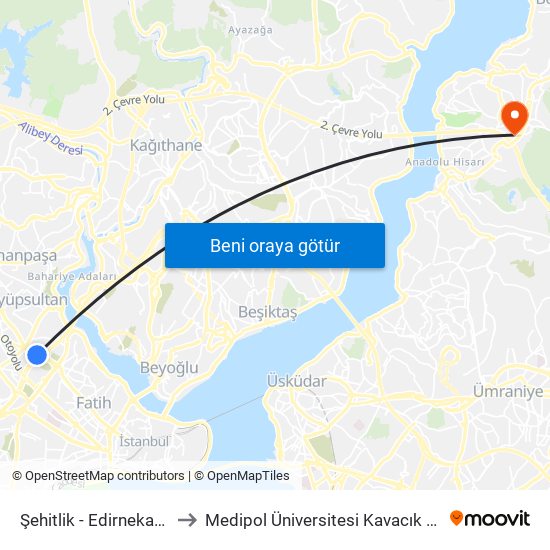 Şehitlik  - Edirnekapi Yönü to Medipol Üniversitesi Kavacık Yerleşkesi map