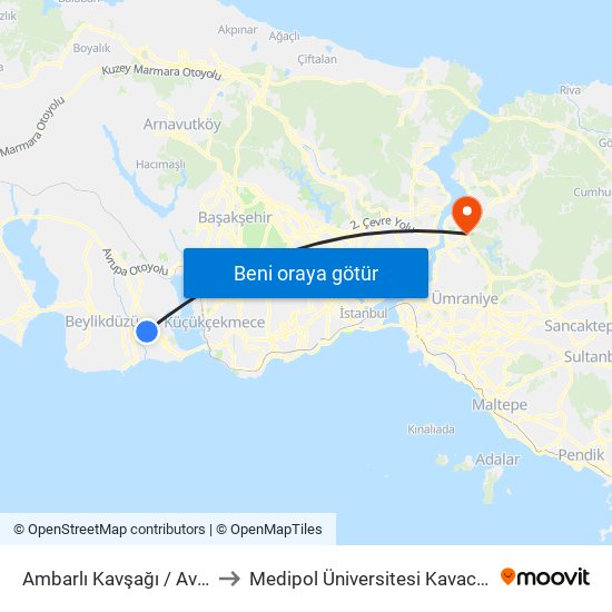 Ambarlı Kavşağı / Avcılar Yönü to Medipol Üniversitesi Kavacık Yerleşkesi map