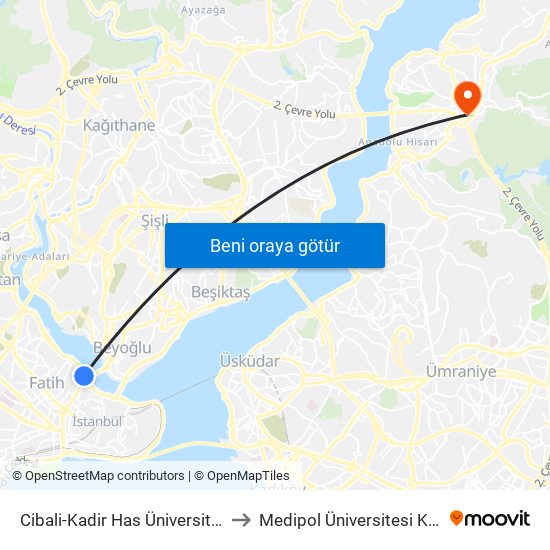 Cibali-Kadir Has Üniversitesi - Eminönü Yönü to Medipol Üniversitesi Kavacık Yerleşkesi map